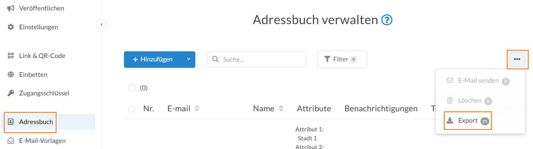 Der Adressbuch-Export über das 3-Punkte-Menü erfasst auch die Opt-outs.