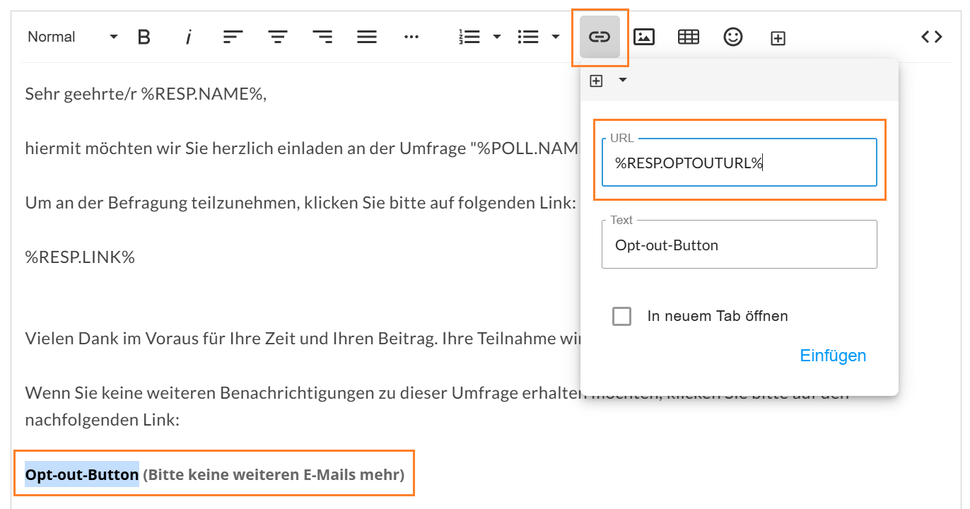 Platzhalter "Opt-Out URL für E-Mails" als Hyperlink einfügen