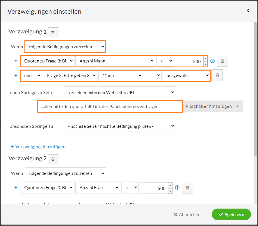 Verzweigungsbedingungen mit Quoten-Filter innerhalb einer Panelbefragung mit Weiterleitung zum quota full-Link.