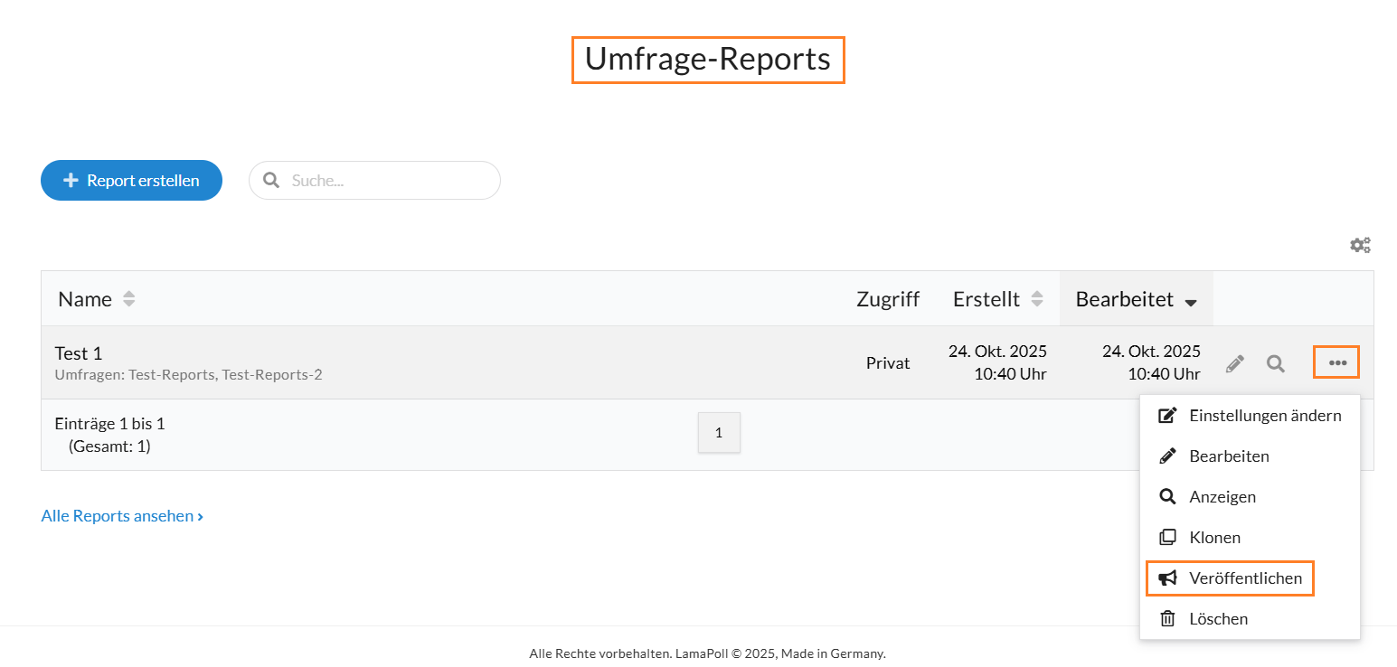 Umfrage-Report über das 3-Punkte-Menü veröffentlichen