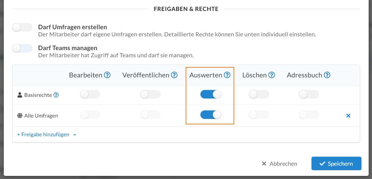 Rechte und Freigaben: Mitarbeiter erhält nur eines der Basisrechte und nimmt so eine bestimmte Rolle für alle Umfragen oder bestimmte Umfragen ein - z.B. die Rolle eines Auswerters