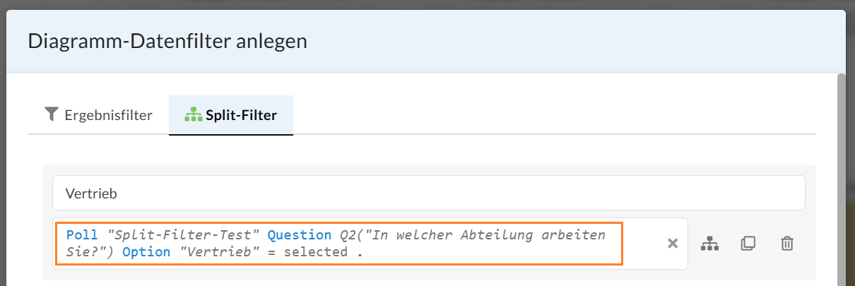 Beispielhafter Split-Filter für die Antwortoption "Vertrieb" der Frage "In welcher Abteilung arbeiten Sie?" aus der Umfrage "Split-Filter-Test"