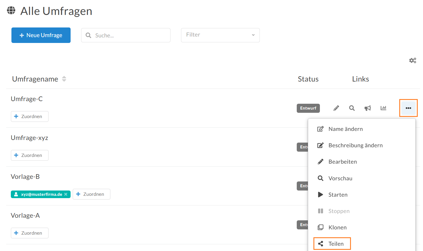 Die "Teilen"-Funktion wählen Sie bei der betreffenden Umfrage über das Menü außen (3 Punkte) aus. Die "Teilen"-Funktion wählen Sie bei der betreffenden Umfrage über das Menü außen (3 Punkte) aus.