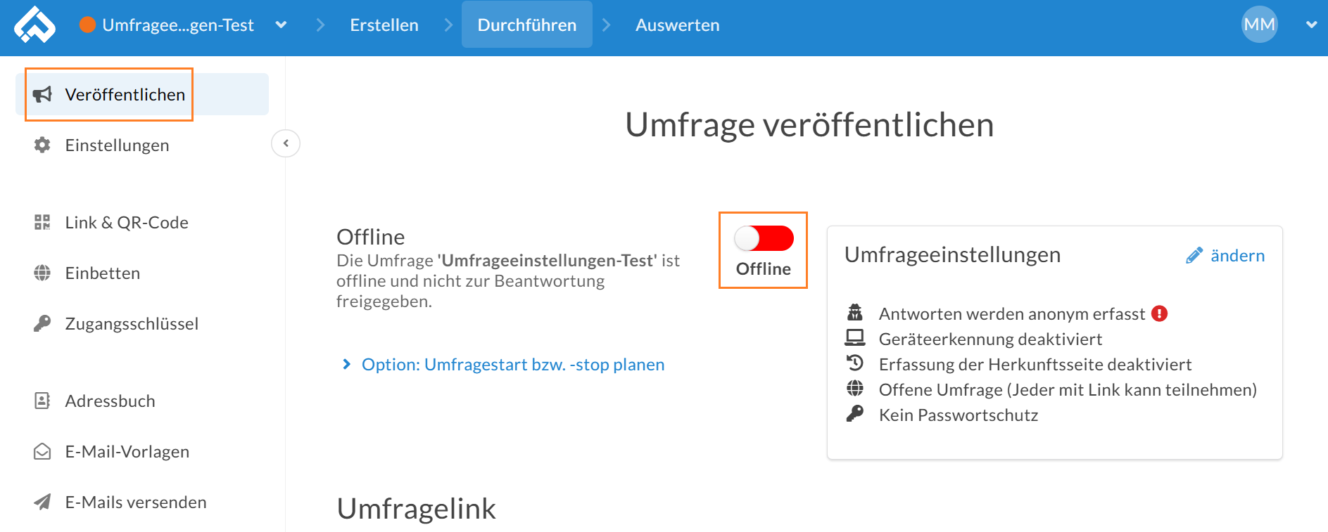 Für das Stoppen einer bereits online gestellten Umfrage setzen Sie den Offline/Online-Schalter auf "Offline"
