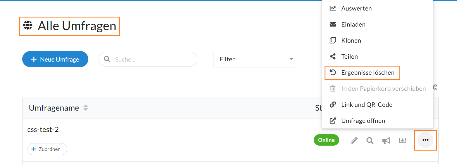 "Ergebnisse löschen"-Option bei den erweiterten Optionen einer Umfrage