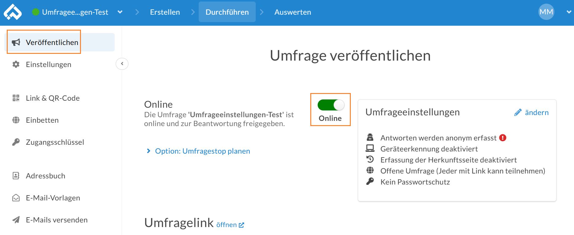 Beispiel einer auf "Online" geschalteten, d.h. gestarteten Umfrage. 