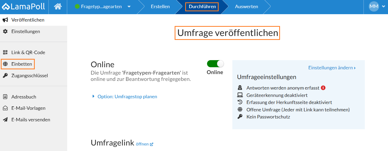Die Option "Einbetten" finden Sie links im Menüpunkt "Durchführen" beim Unterpunkt "Veröffentlichen".