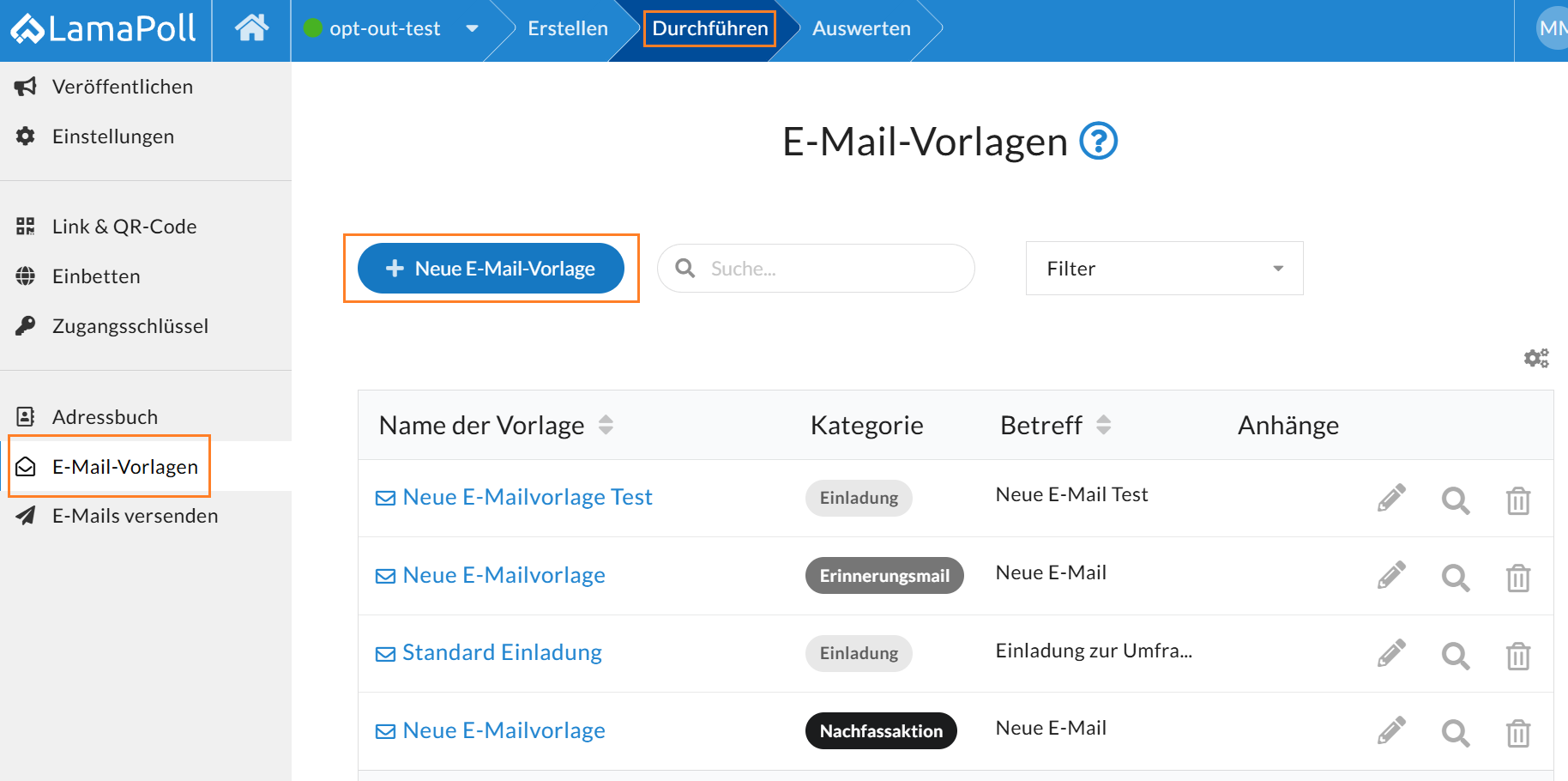 Fügen Sie weitere Vorlagen über den Button "+ Neue Neue E-Mail-Vorlage" hinzu. 