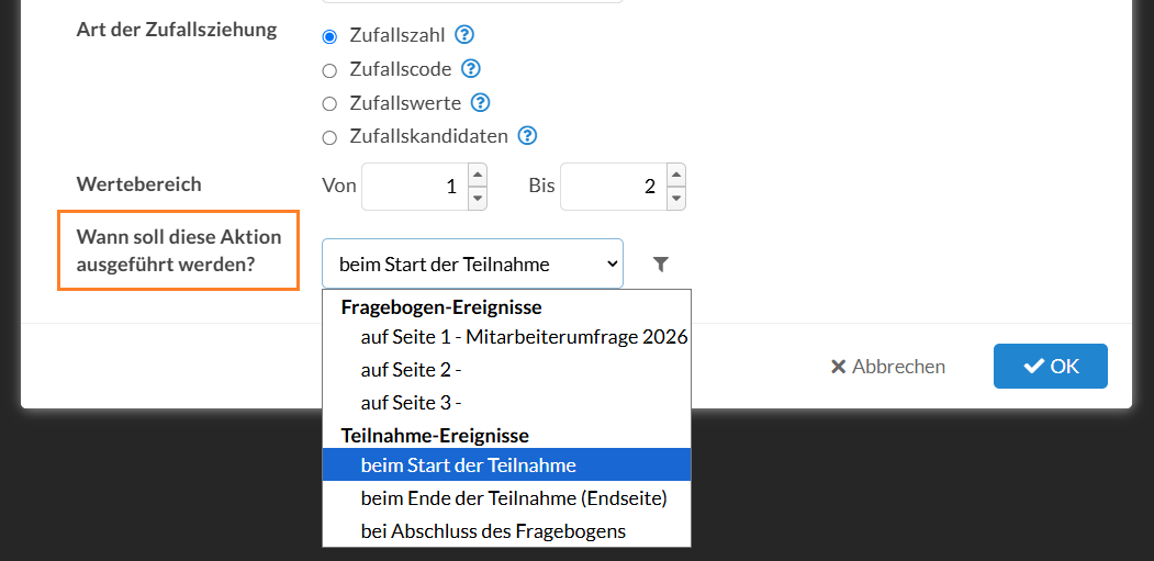 Einstellen der Zufallszahl: Wann soll die Zufallszahl stattfinden?