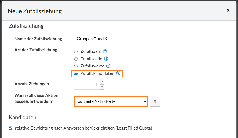 Zufallskandidaten definieren und relative Gewichtung nach Antworten aktivieren